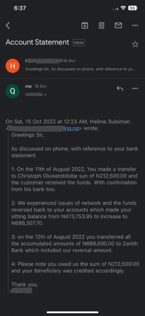 Sterling Bank's response stating Omoyosi (the Beneficiary) received the money.