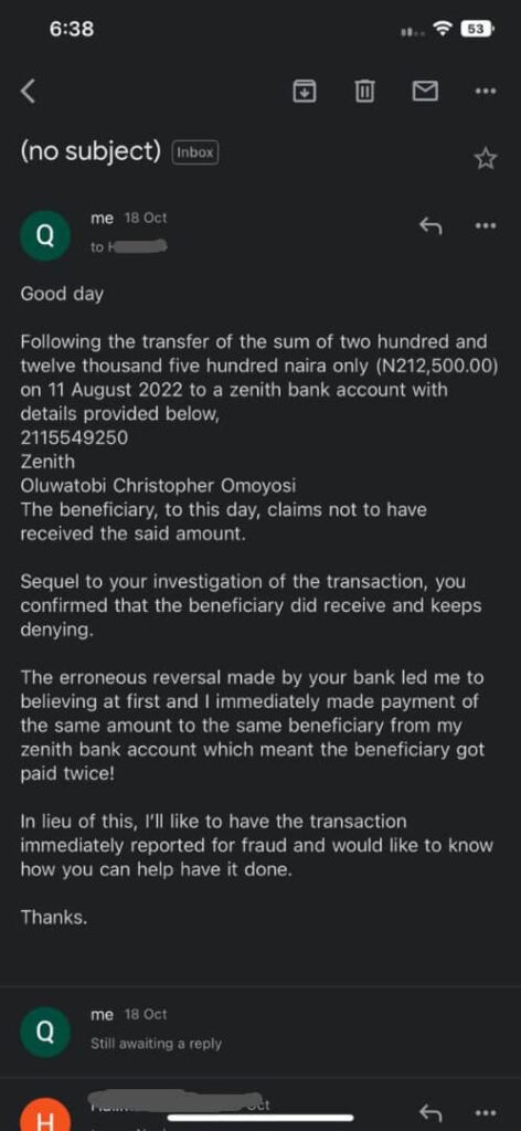 Abesin's mail to Sterling Bank. 