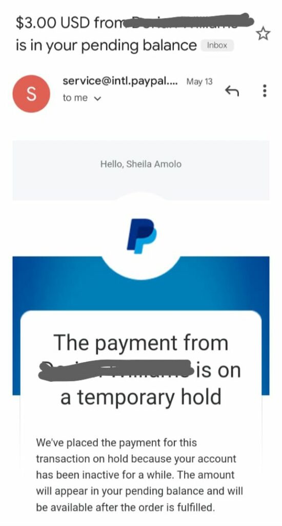 A snapshot of a mail from PayPal to Amolo restricting her from receiving payment for a transaction on May 13.