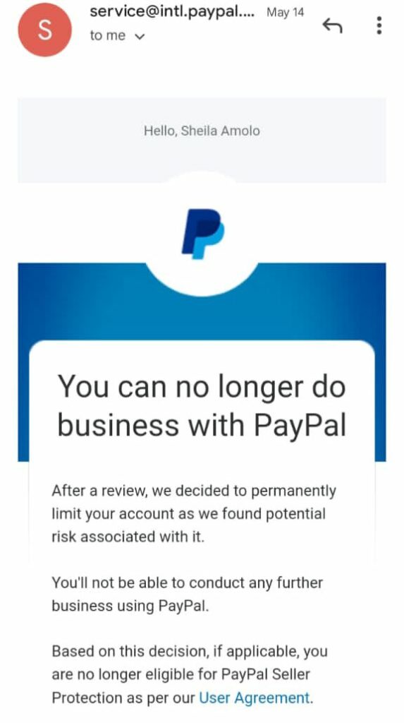 A snapshot of a mail showing Amolo's PayPal account was frozen on May 14 after withholding payment made to her the previous day.