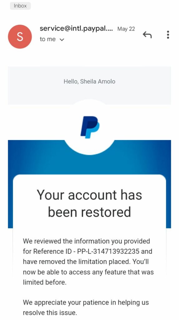 A snapshot of a mail showing Amolo's PayPal account was 'restored' on May 22.