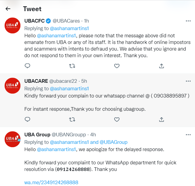 A screenshot of UBA's verified Twitter handle with two fake handles responding to a customer