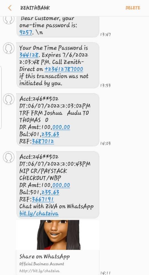 Screenshot of the debit alerts