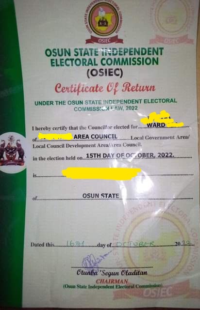Certificate issued to one of the election winners in Osun state