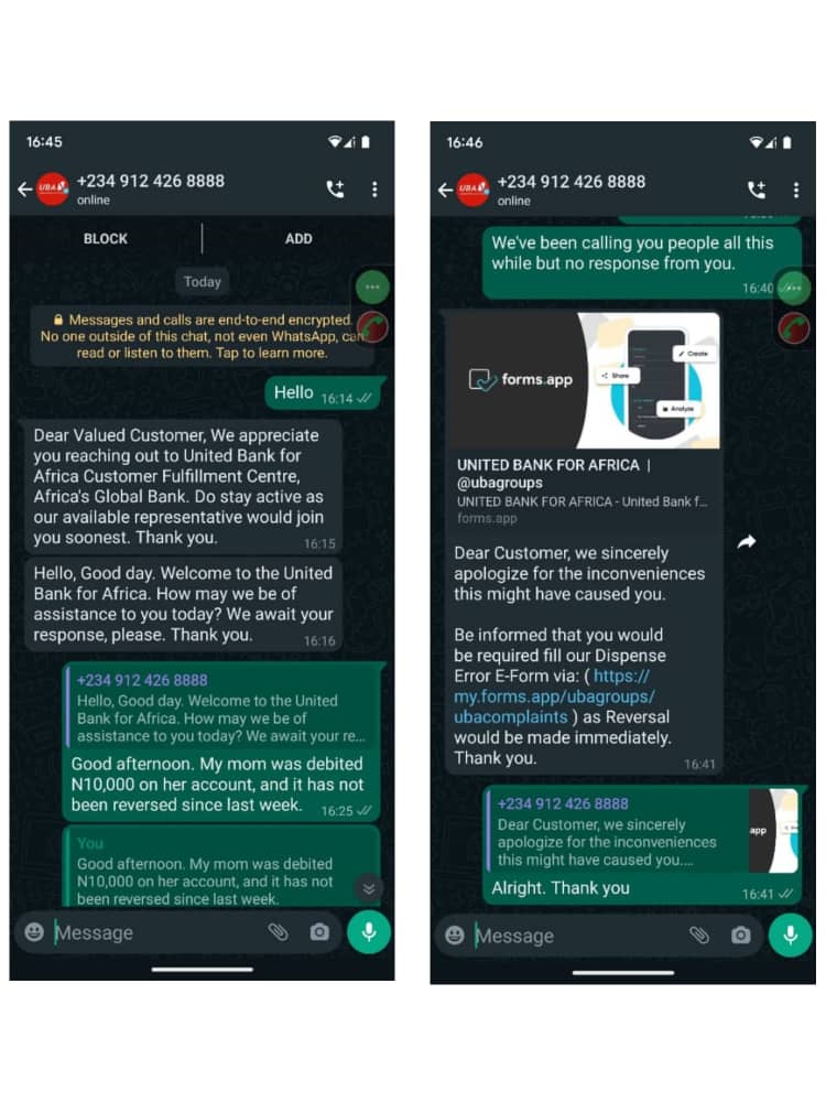 Screenshot of FIJ's chats with the a fake UBA representative