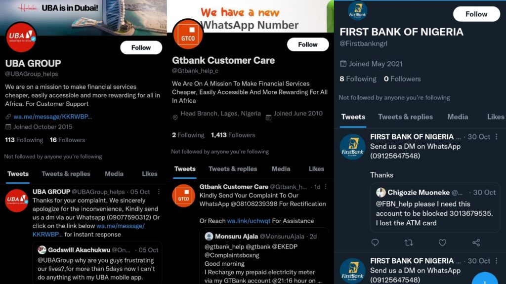 A collage of fake Twitter handles impersonating three banks