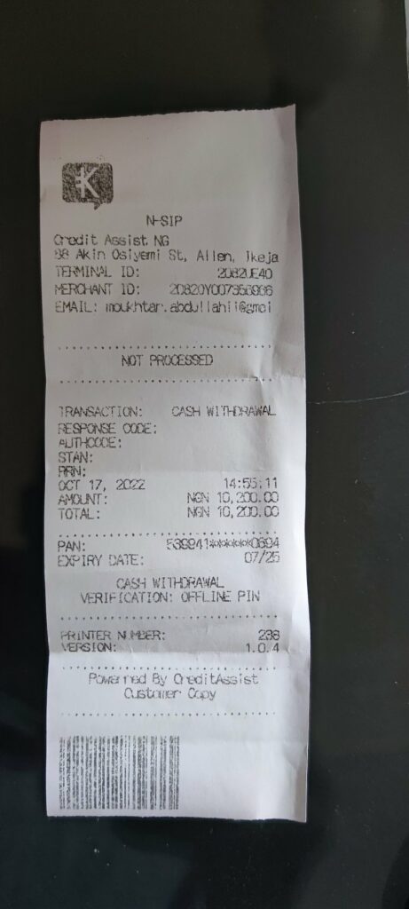 The POS transaction receipt for the transaction with Zenith Bank