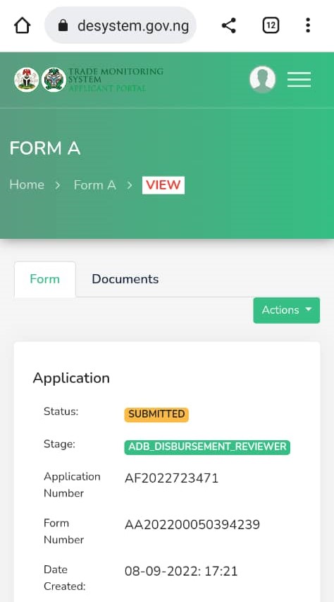 A screenshot of the student's Form A on the application platform