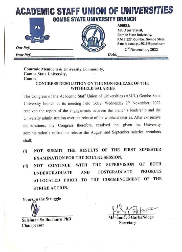 Press Release from ASSU, Gombe State University chapter