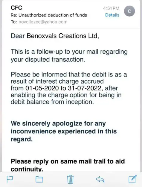 An email by a customer to the bank disputing unauthorized debits 