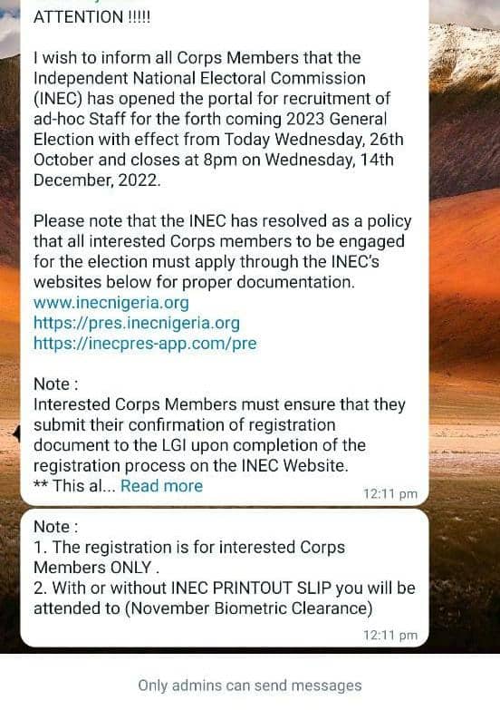 The update from NYSC in the group chat.