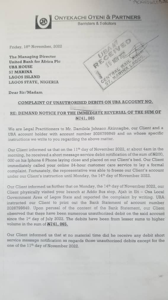 Letter from lawyer to UBA