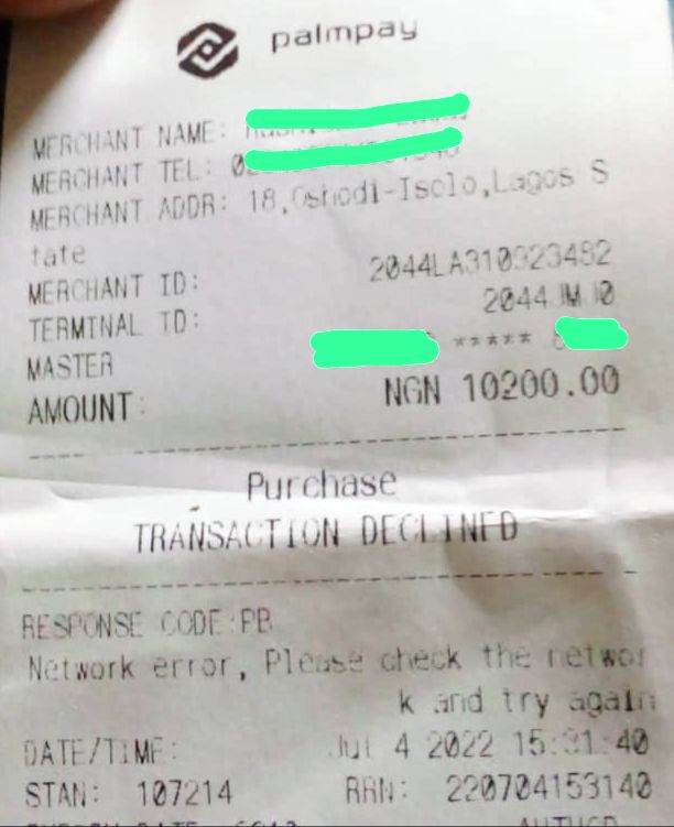 Declined POS transaction receipt