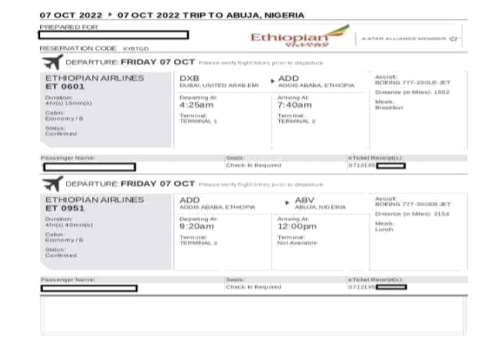 The patient's airline ticket from Dubai to Abuja, Nigeria