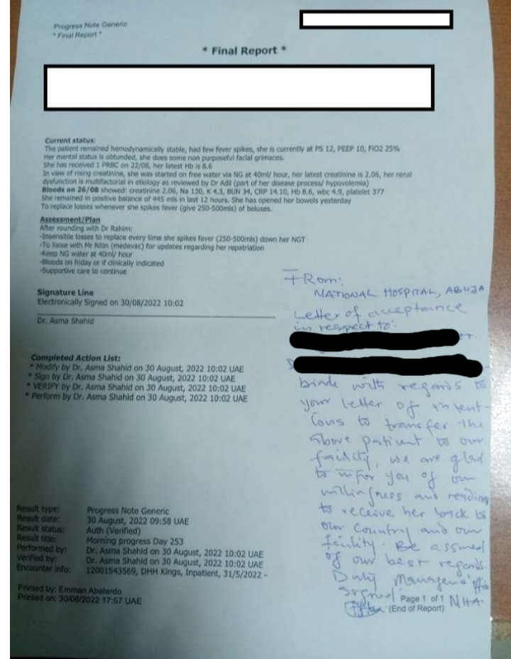 The victim's medical report sent from Dubai, showing the positive response of the National Hospital, Abuja