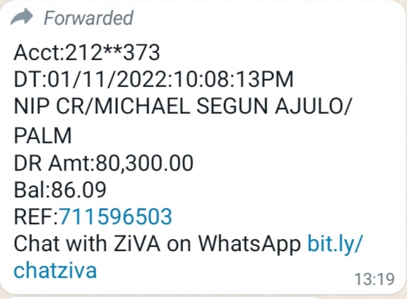 A  screenshot of Seyilola's debit alert