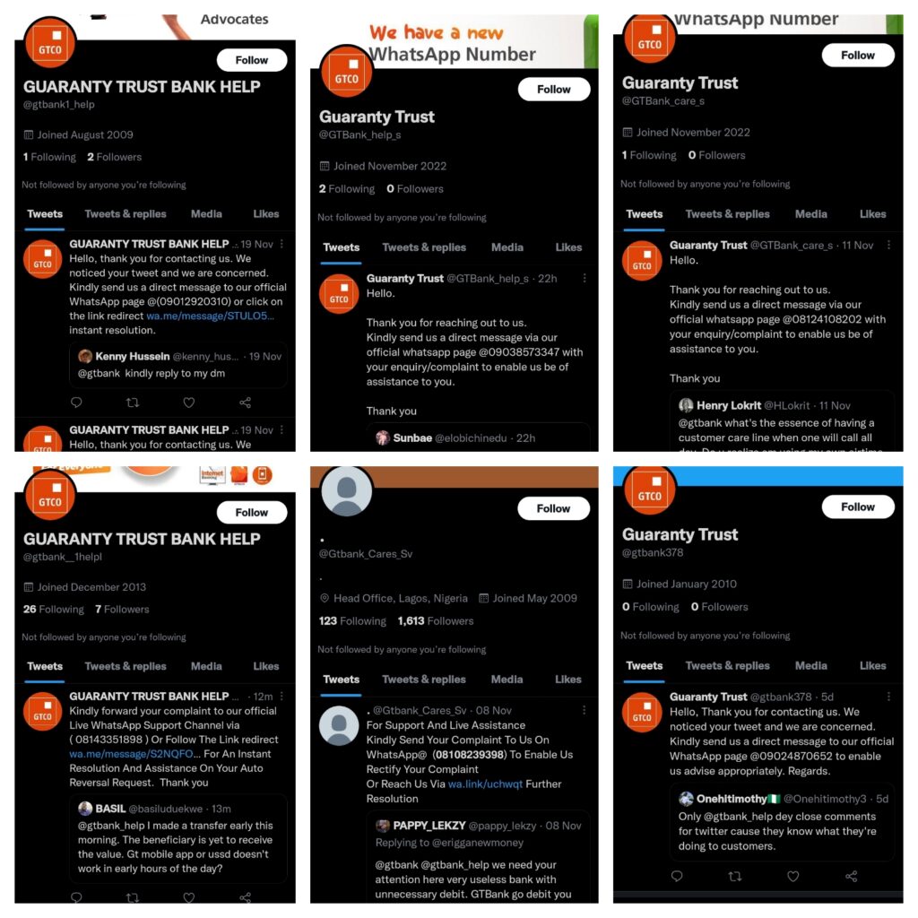 Some of the Twitter pages impersonating GTB