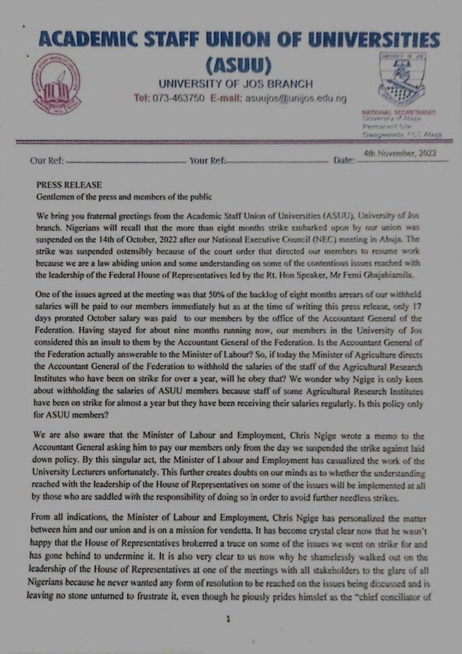 Press Release from ASSU, UNIJOS chapter