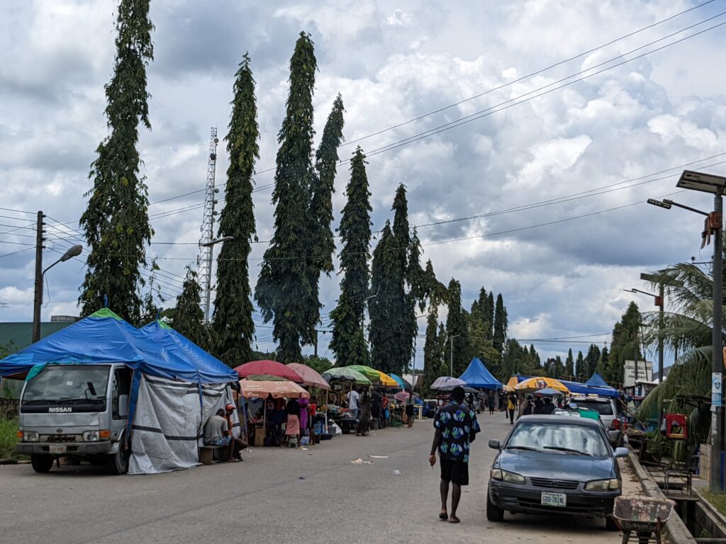Canopies sent on a road as shelter for displaced persons in Amassoma community