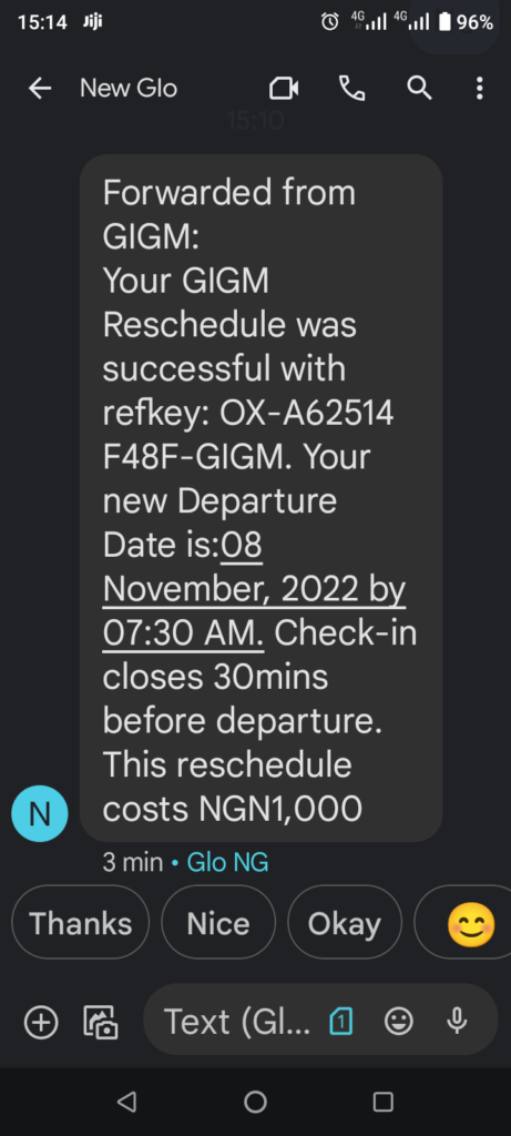Reschedule notification from GIGM