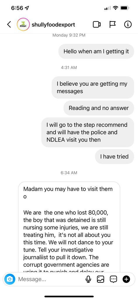 Chats between Adelowokan and Shully Export on Instagram