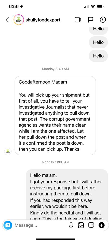 Chats between Adelowokan and Shully Export on Instagram