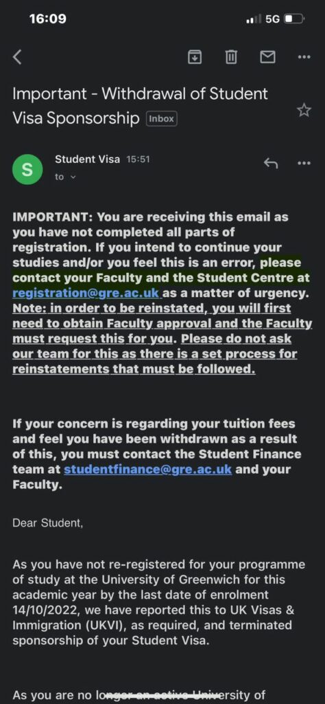 Screenshots of the email regarding the withdrawal of the student's visa