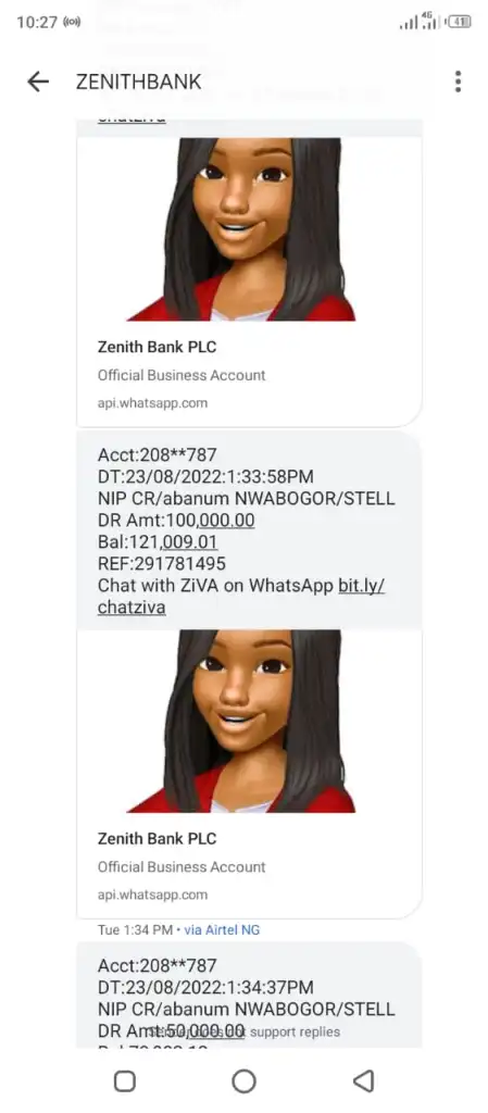 Notification from Zenith Bank