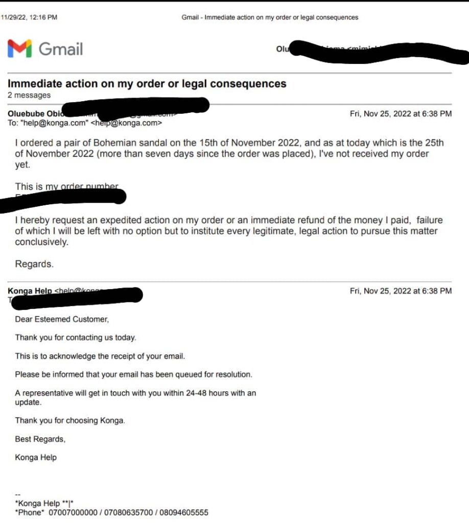 Customer's complaint mail to Konga