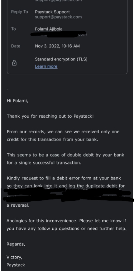 Screenshot of the response from Paystack