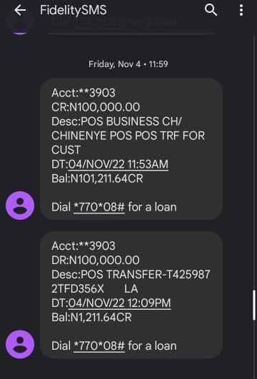A screenshot of the debit alert