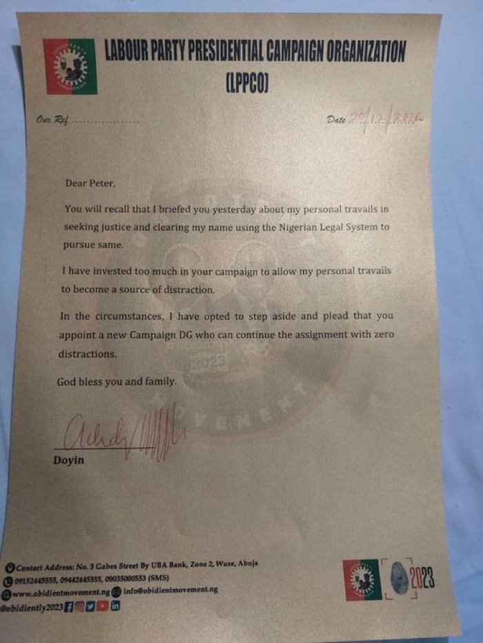 A copy of Doyin Okupe's resignation letter