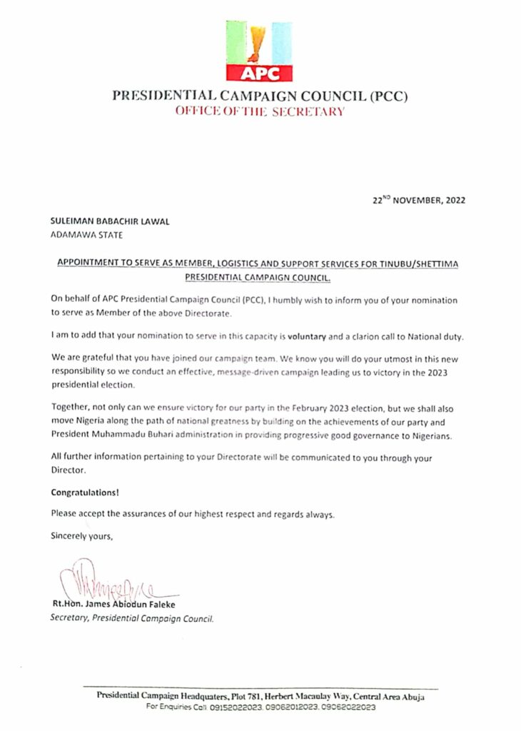 Suleiman Babachir Lawal's Appointment Letter