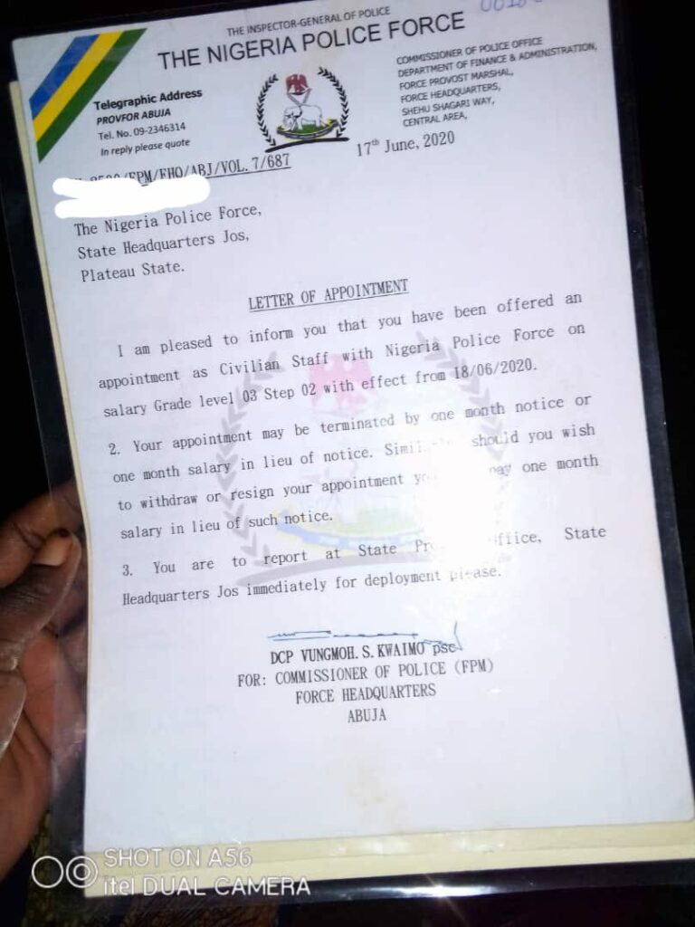 Appointment letter from the police received by one of the civilian staff
