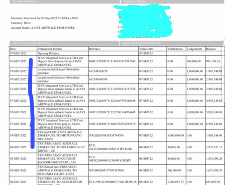 Ajayi's bank statement showing how Aderuku had transferred funds from ITex's account for the vehicle purchase
