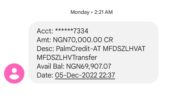 The disbursed loan from Palm Credit