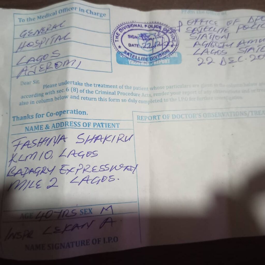 Shakiru's medical report at Satellite Divisional Police Station, Amunwo