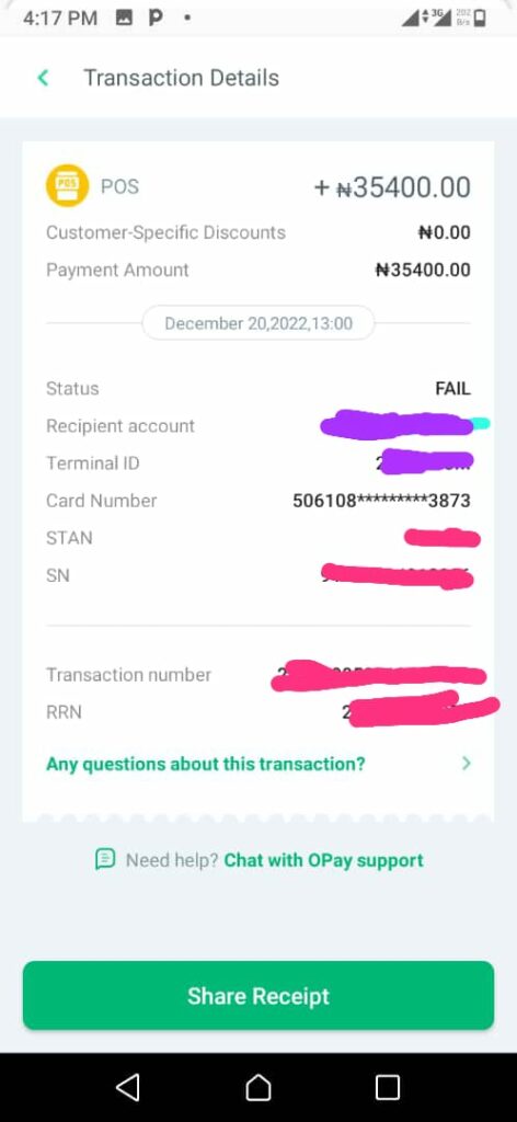 Screenshot of transaction on Opay