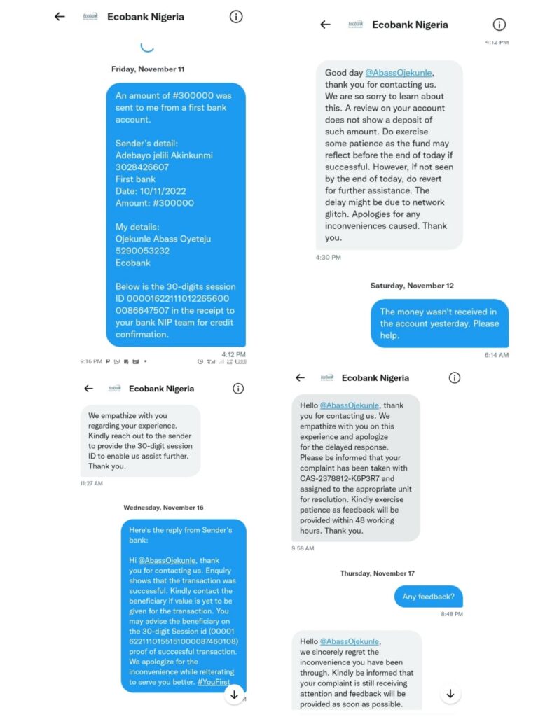 Screenshots of some of his chats with Ecobank