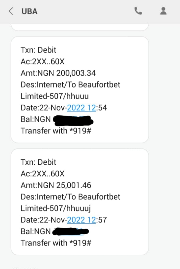 A screenshot of two of the debit alerts from UBA