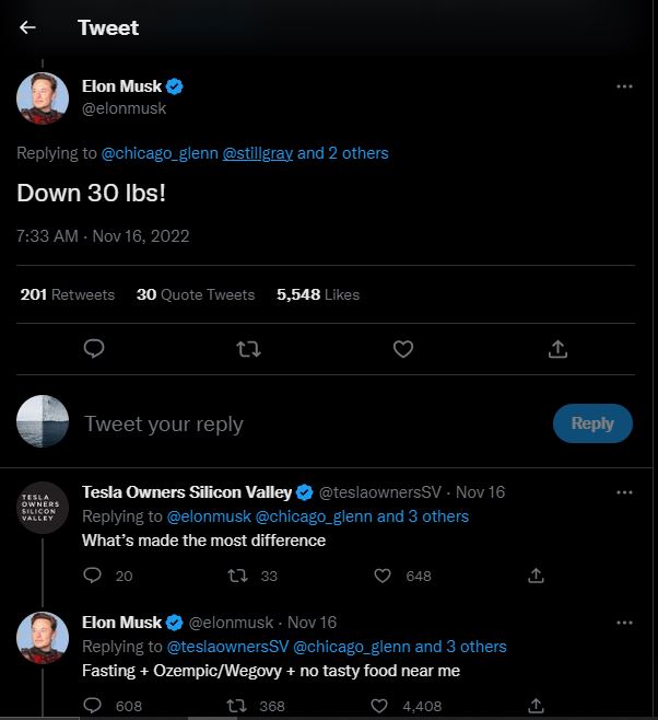 Tweet by Elon Musk on Ozempic