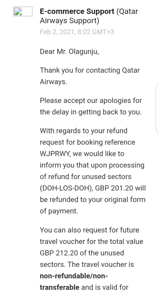 Email From Qatar Airways Showing the 202GBP Promised