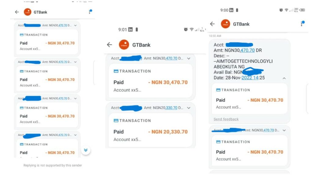 Screenshots of the debit alerts 