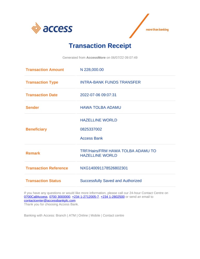Access Transaction Receipt