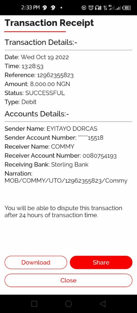 Proof of payment made to commy couture