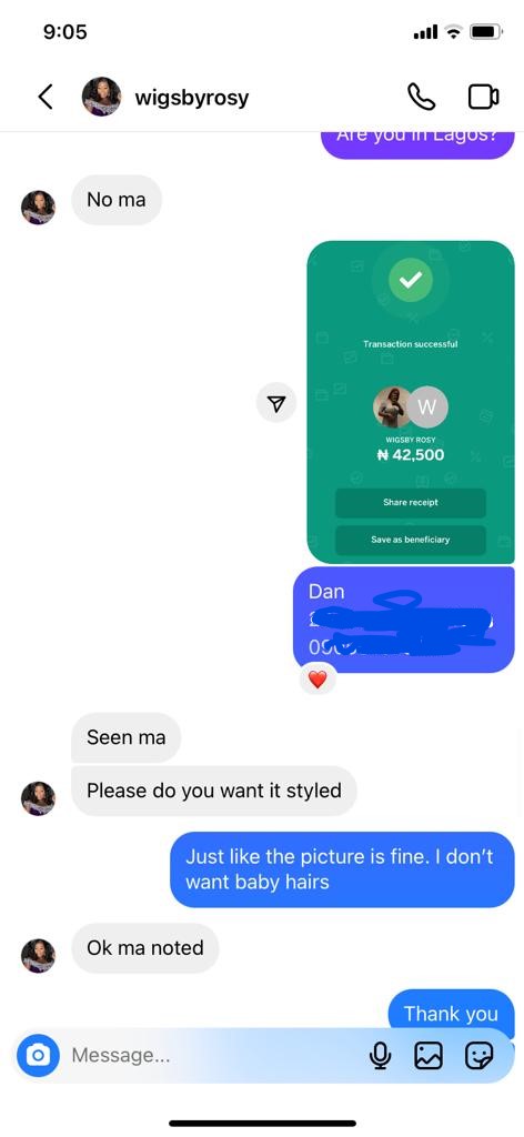 Instagram chat of customer with Wigsbyrosy