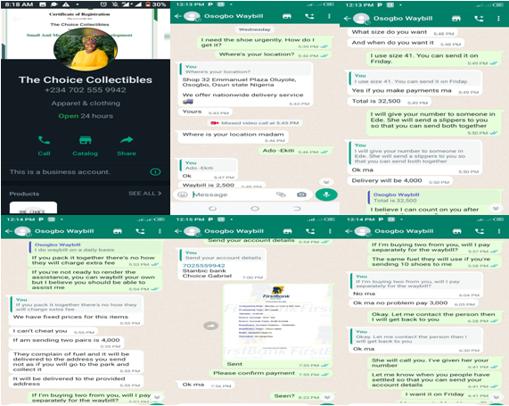 Some of the WhatsApp chats between choice collectibles and the customer
