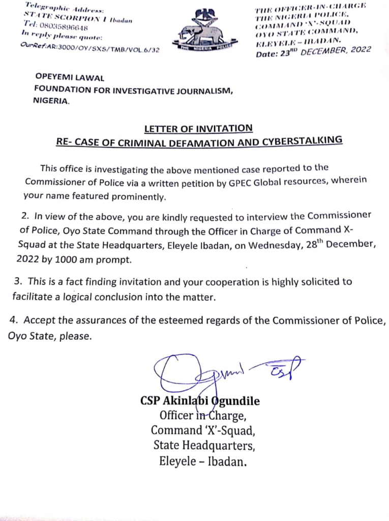 The invitation sent to FIJ by Oyo Police