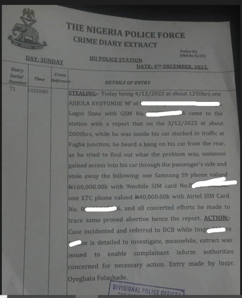 A snapshot of the police report