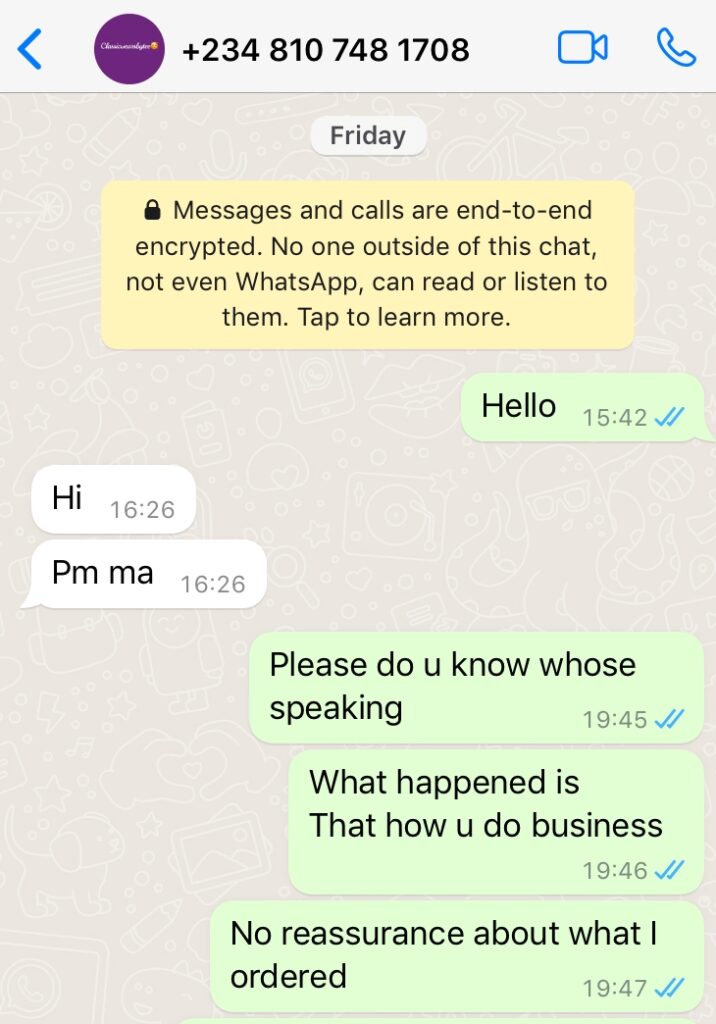 Whatsapp chat with the Instagram vendor